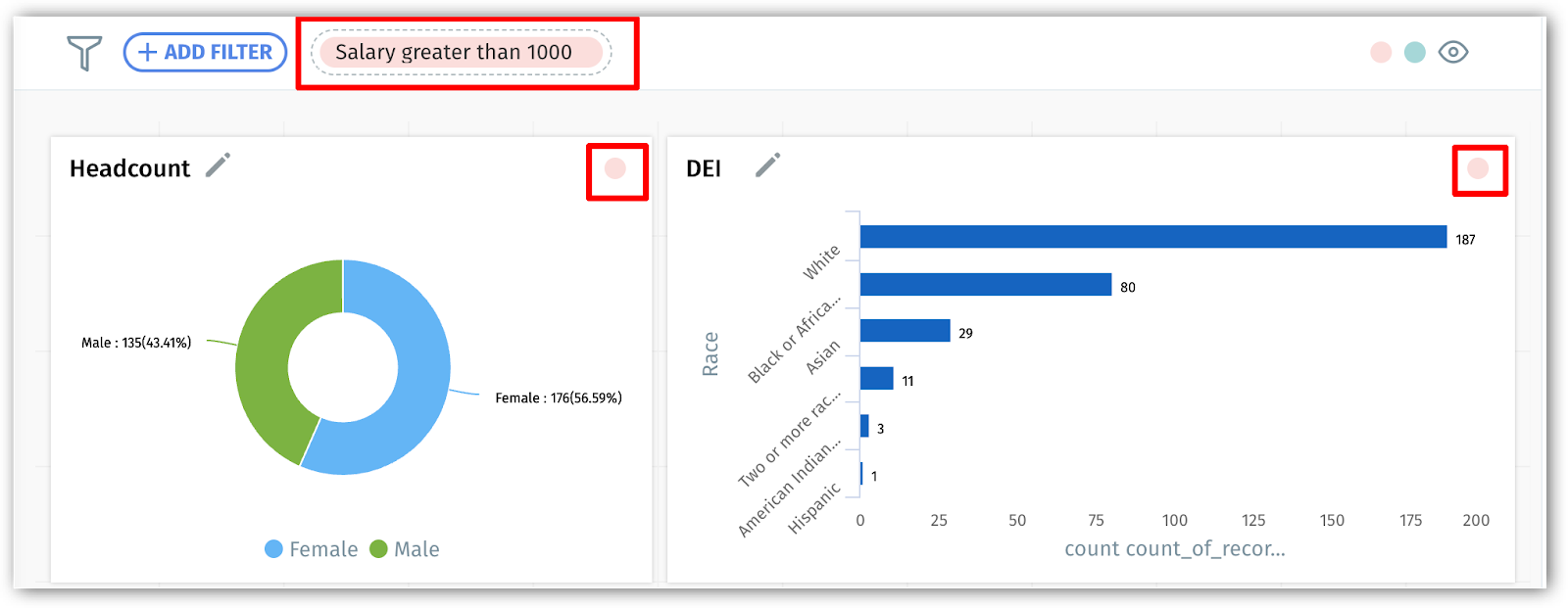 The color of the filter matches the associated business view